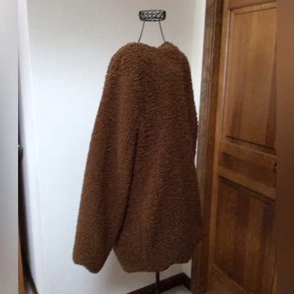 Max Studio Teddy Coat Collarless, Rich Caramel, XL - Picture 4 of 7